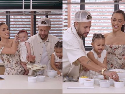 Neymar Jr. participa de quadro culinário de Bruna Biancardi ao lado das filhas
