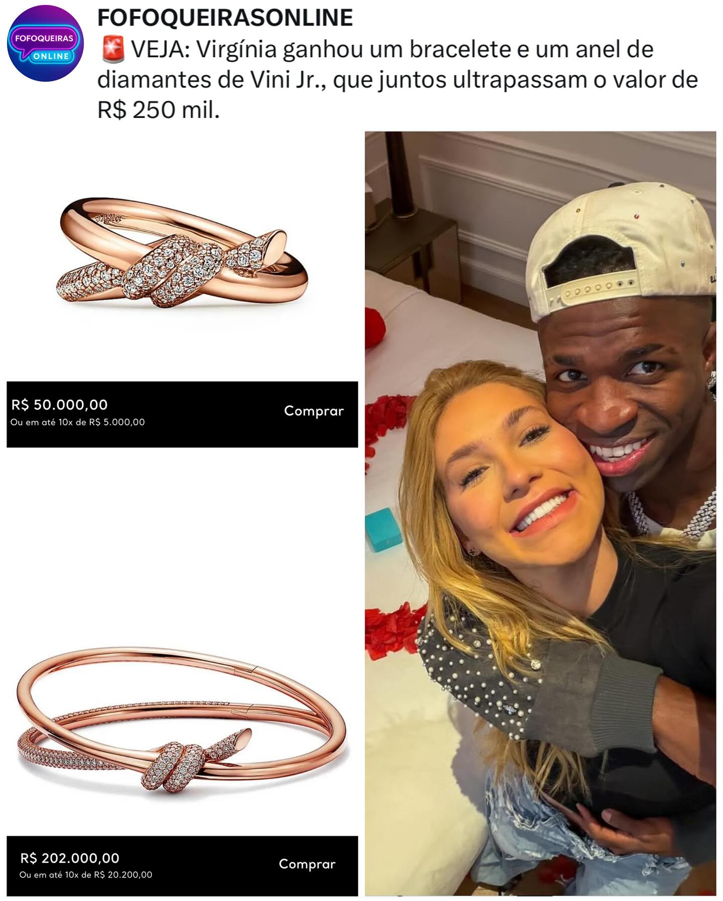Virgínia ganha de Vini Jr. bracelete e anel de diamantes