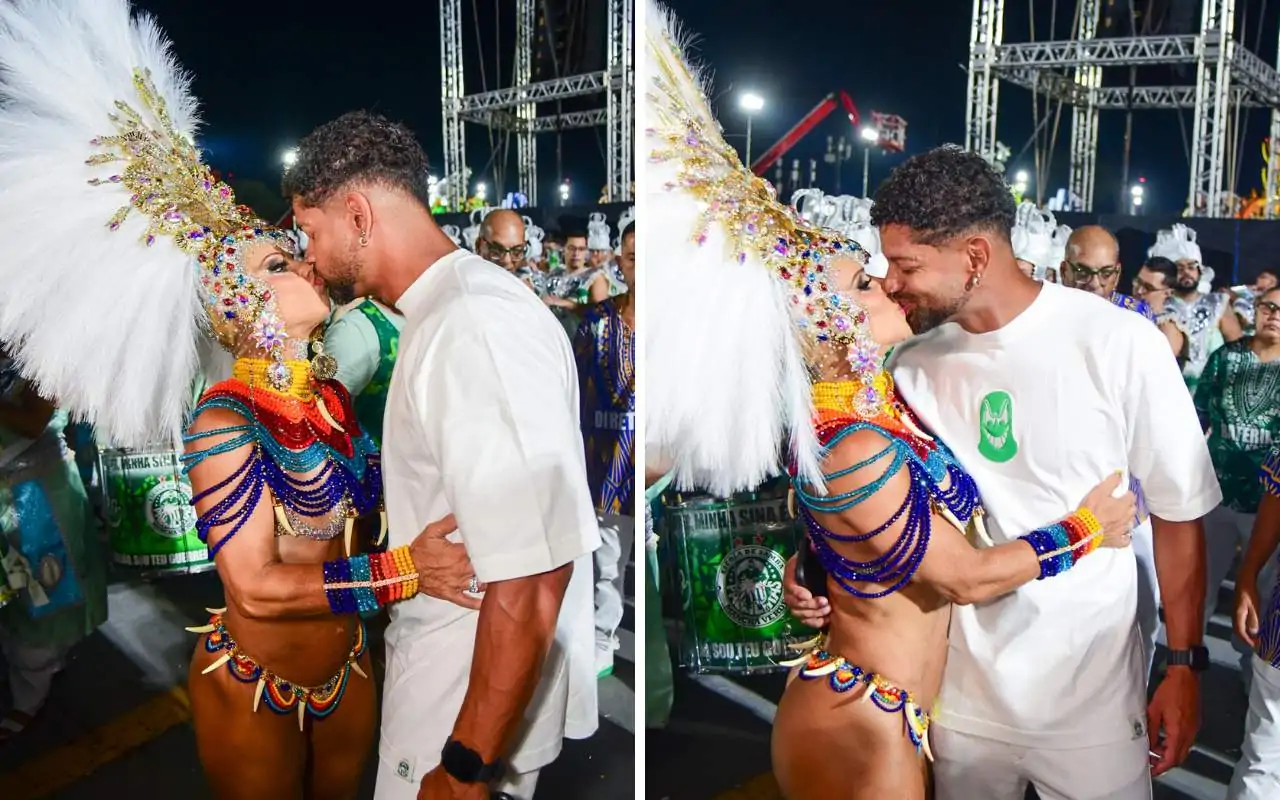 Viviane Araujo beija o marido antes de desfilar pela Mancha Verde - Edu Araujo Agnews