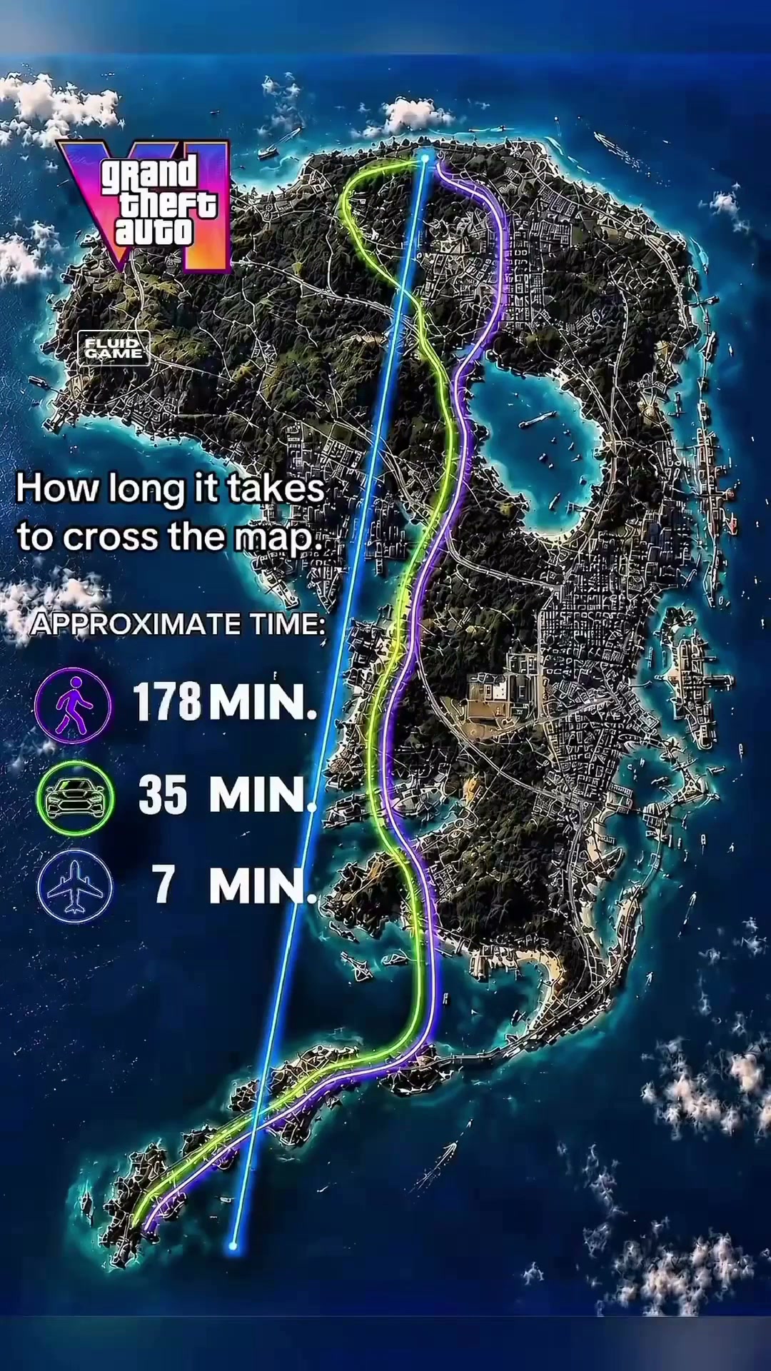 Mapa comparativo do GTA 6 detalhando tempo de travessia a pé de carro e avião
